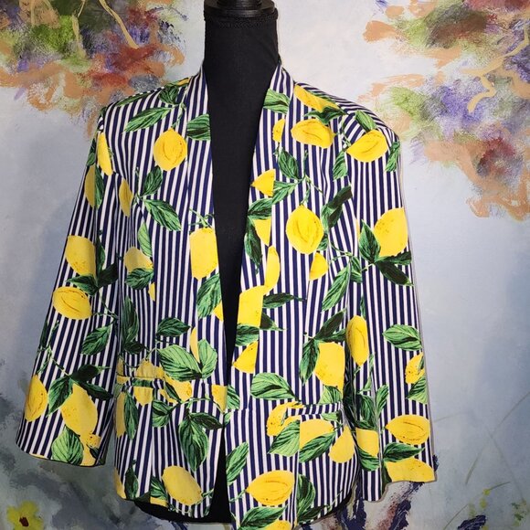 ROZ and Ali Women's Life and Lemons Print Blazer Jacket Striped Size L - Picture 2 of 8